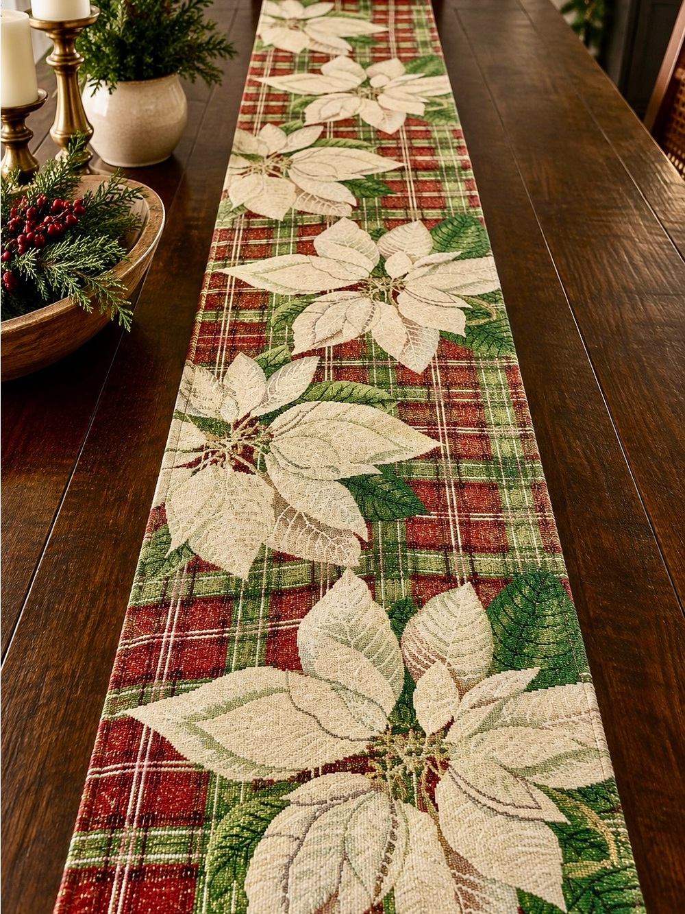 Holiday Poinsettia Plaid Tapestry Table Runner Gold Thread 13x68